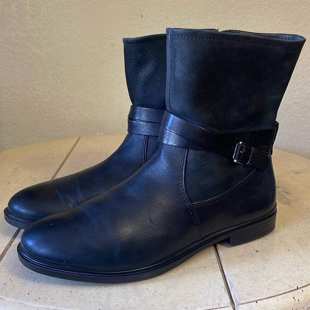 ECCO Black Suede Leather Ankle Silver Buckle Boots • Size 7 EU 38 -